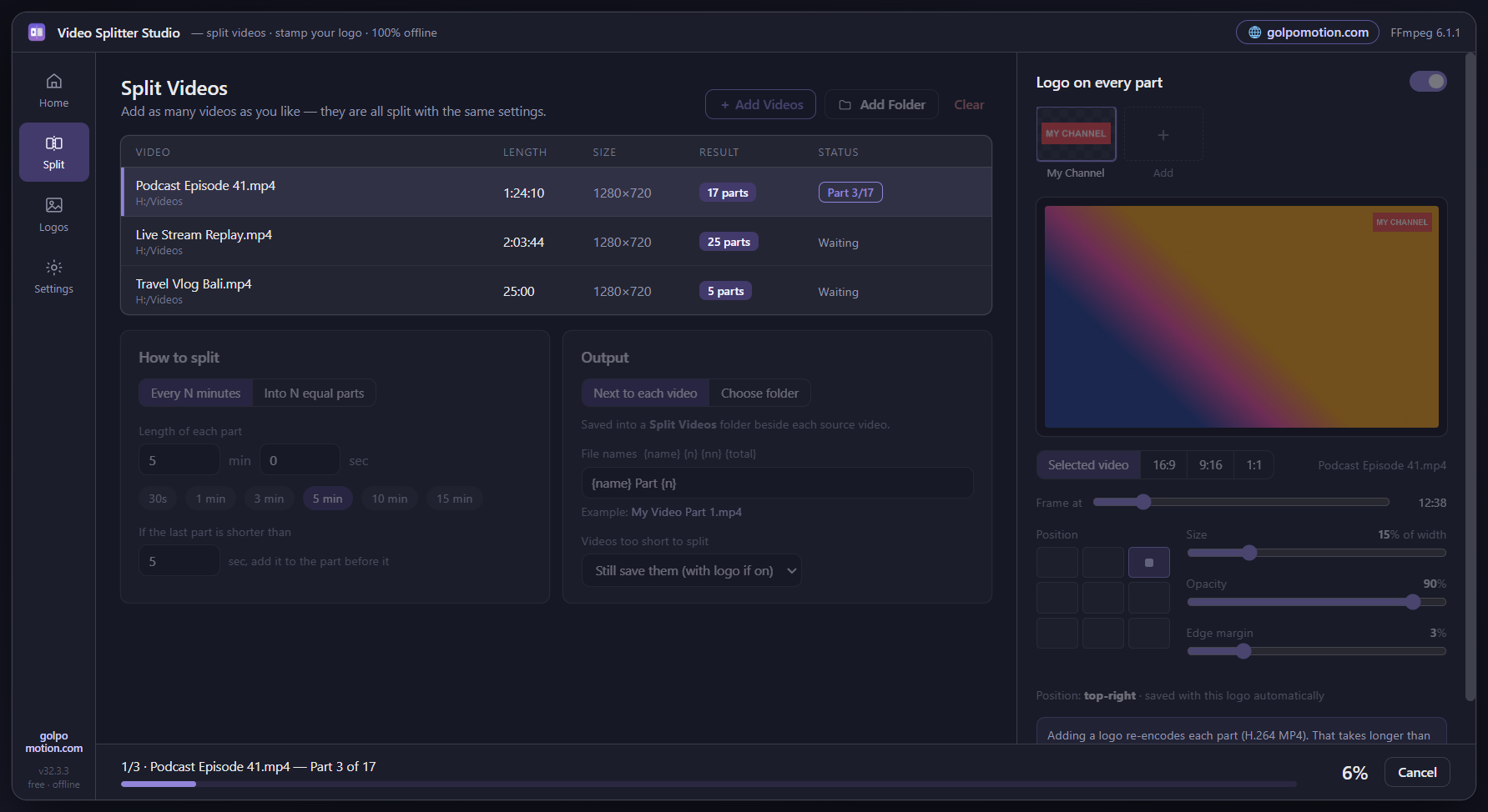 Video Splitter Studio splitting a 1 hour 24 minute video into 17 parts with a progress bar